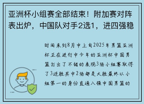 亚洲杯小组赛全部结束！附加赛对阵表出炉，中国队对手2选1，进四强稳了？